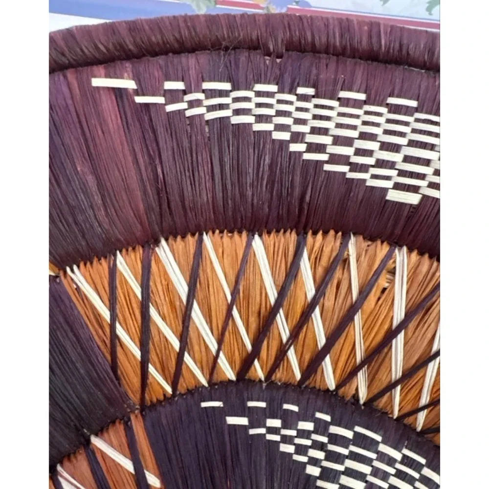 Handwoven Coil Wall Basket Decor Brown Tan Geometric Sunburst 12 Inch Round